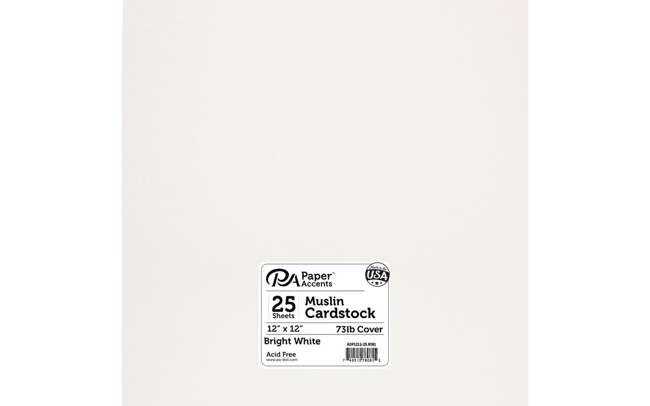 PA Paper Accents Muslin Cardstock 12" x 12" Bright White, 73lb colored cardstock paper for card making, scrapbooking, printing, quilling and crafts, 25 piece pack